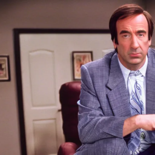 Image similar to a photogrpah still of Saul goodman starring in a 1990s sitcom, 15mm