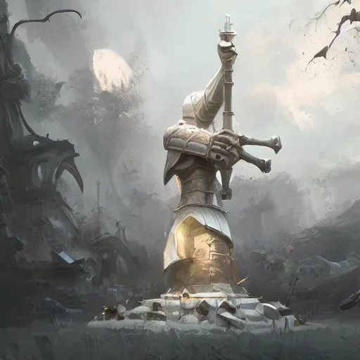 Image similar to a giant white chess bishop statue, battlefield background, bright art masterpiece artstation. 8 k, sharp high quality artwork in style of jose daniel cabrera pena and greg rutkowski, concept art by tooth wu, hearthstone card game artwork, chess piece