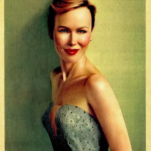 Prompt: “Naomi Watts portrait, color vintage magazine illustration 1950”