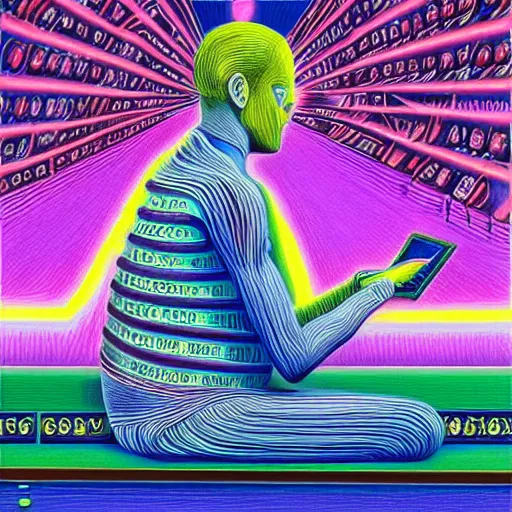 Prompt: a beautiful painting of a human/computer system, a side-view of a person sitting on their desk programming by Alex Grey