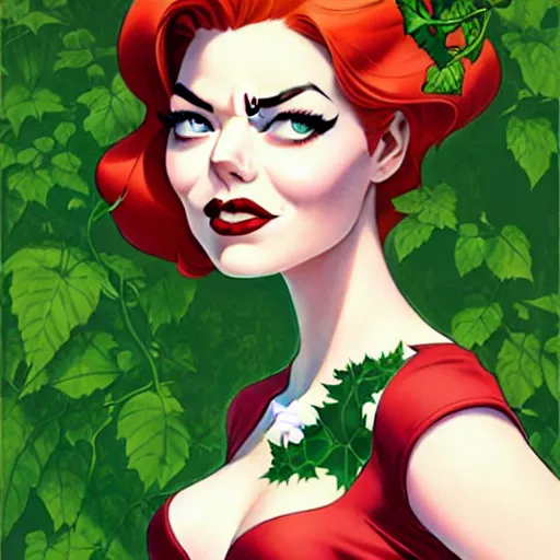 Prompt: phil noto, artgerm, 1 9 5 0 s rockabilly emma stone poison ivy dc comics, pompadour, long hair, vines, symmetrical eyes, city rooftop