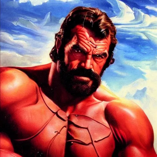 Prompt: ultra realistic portrait painting of tom selleck as hellboy, art by frank frazetta, 4 k, ultra realistic, highly detailed, epic lighting