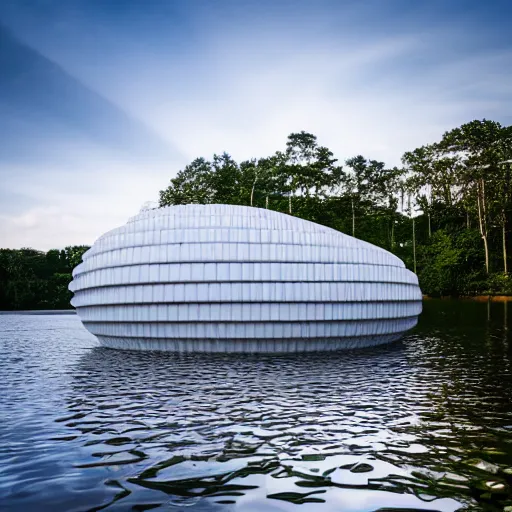 Prompt: many white spheres are stacked together to form a building on the calm water, designed by antti lovag