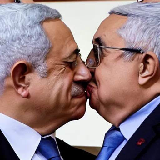 Image similar to Benjamin Netanyahu and Mahmoud Abbas kissing on the mouth, photojournalism photography