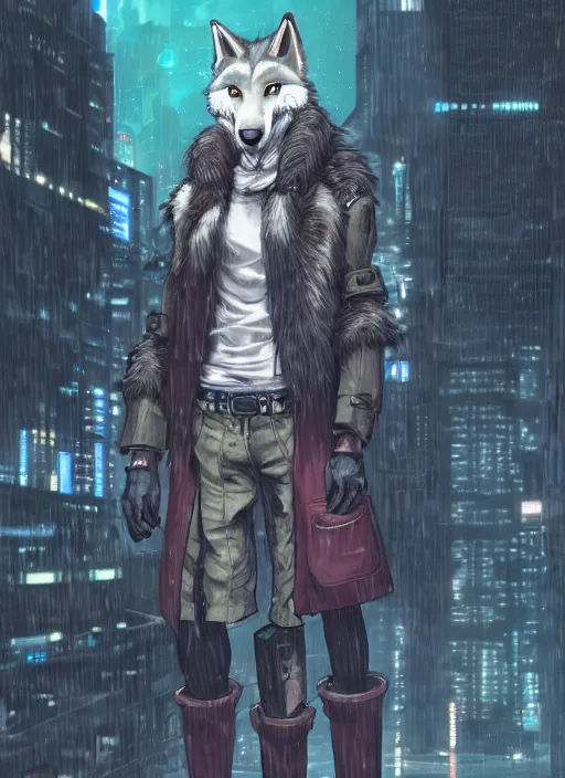 Image similar to character portrait of a male anthro wolf fursona with a tail and a cute beautiful attractive detailed furry face wearing stylish cyberpunk clothes in a cyberpunk city at night while it rains. hidari, color page, tankoban, 4K, tone mapping, Akihiko Yoshida.