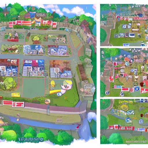 Prompt: the adventures of paddington, ghibli, pokemon sword and shield town layout. city planning, bird's eye view.