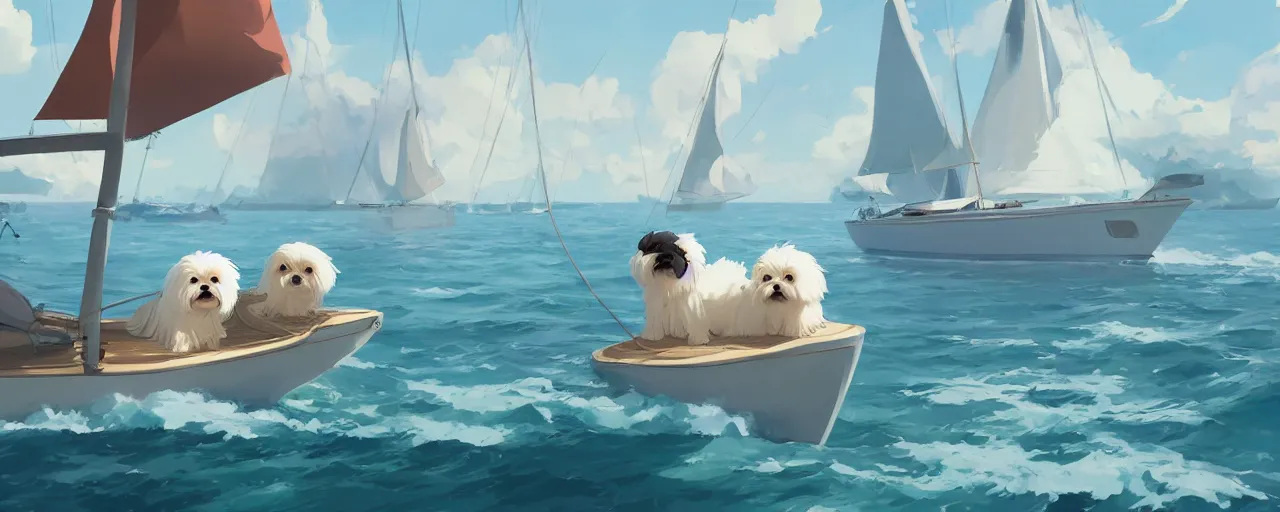 Prompt: a cream - colored havanese dog and shih tzu, sailing on a luxury yacht, detailed, atey ghailan, goro fujita, studio ghibli, rim light, exquisite lighting, clear focus, very coherent,