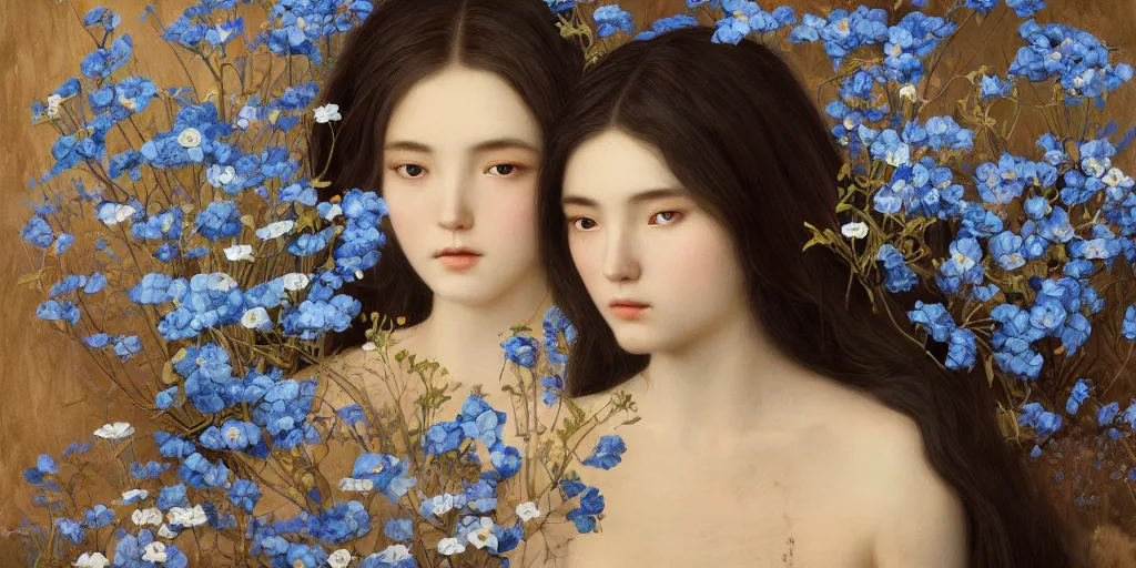 Image similar to breathtaking detailed concept art painting portrait of the goddess of nemophila flowers, orthodox saint, with anxious piercing eyes, ornate background, amalgamation of leaves and flowers, by hsiao - ron cheng, extremely moody lighting, 8 k