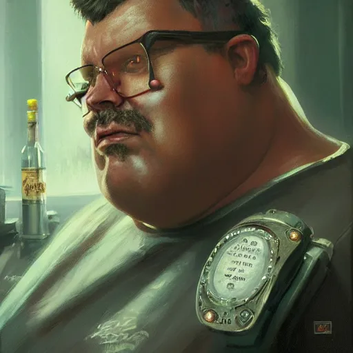 Prompt: closeup portrait of an overweight barkeeper with a prosthetic robot arm, ratz, neuromancer, bar background, painted by greg rutkowski, painted by igor kieryluk, high detail, dramatic light, digital art, trending on artstation