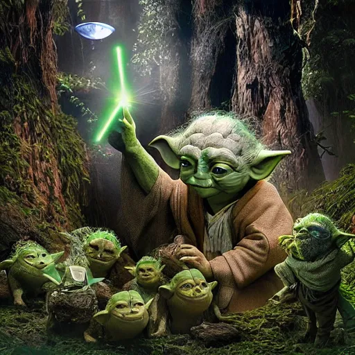 Prompt: stunning awe inspiring photo of various members of yoda's species interacting with eachother and performing strange rituals on their home planet, award winning nature photo 8 k hdr amazing lighting highly detailed, realistic