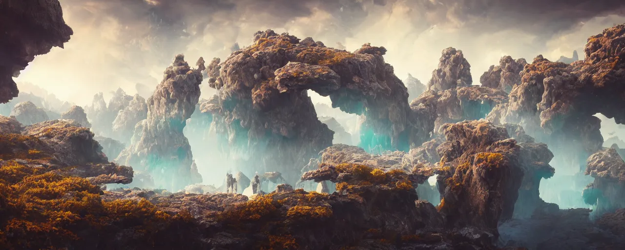 Prompt: ” otherwordly landscape with rystal formations and shiny gemstones, [ by wlop, colourful, cinematic, detailed, epic, widescreen, opening, establishing, mattepainting, photorealistic, realistic textures, octane render ] ”