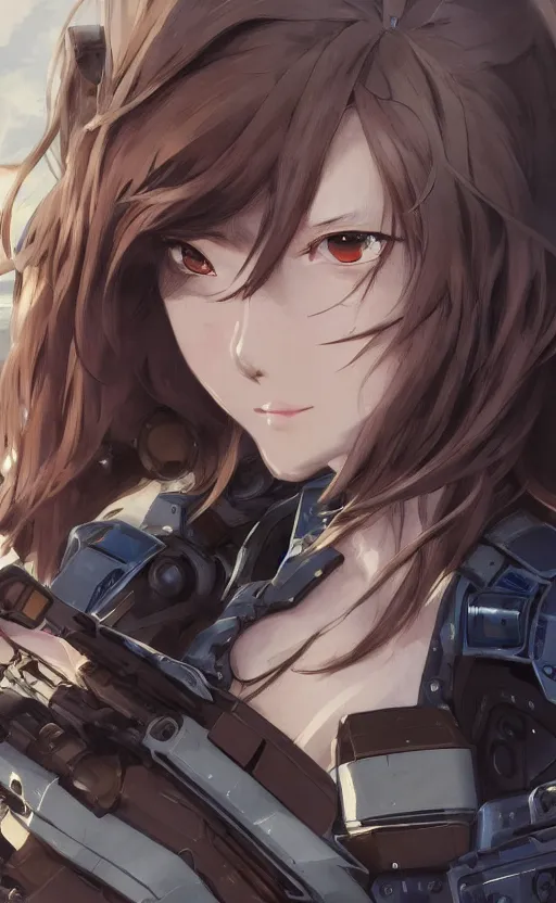 Image similar to girl with tank mecha parts, anime style, long hair, hair down, symmetrical facial features, from arknights, hyper realistic, pale skin, 4 k, rule of thirds, extreme detail, detailed drawing, trending artstation, hd, military gear, d & d, realistic lighting, by alphonse mucha, greg rutkowski, sharp focus, backlit