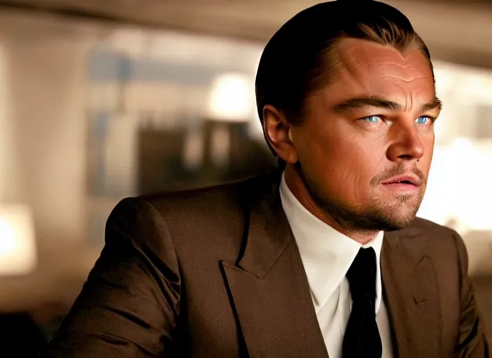 Prompt: film still of Leonardo DiCaprio as Cobb with dark blue eyes in Inception, 4k