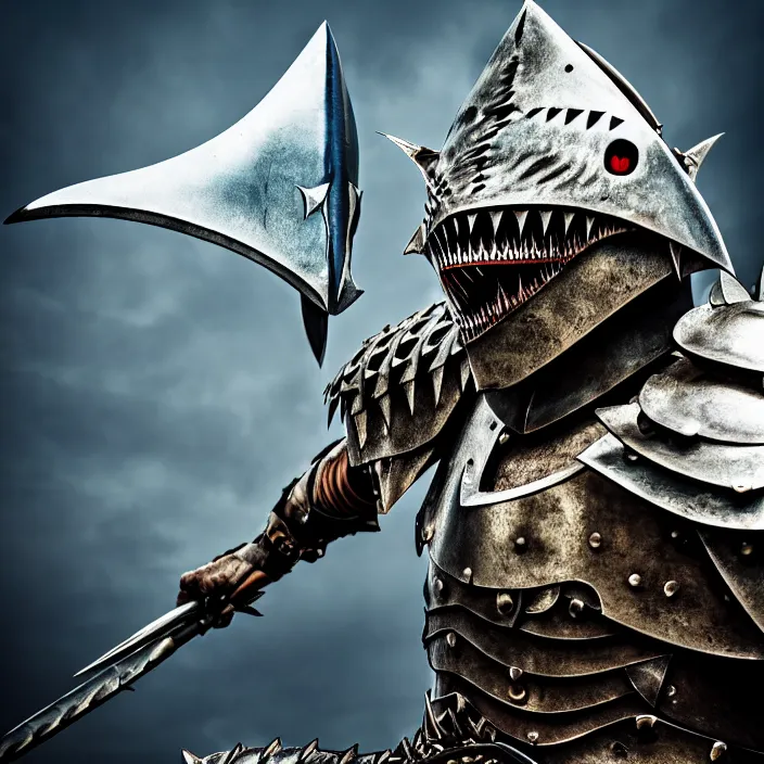 Prompt: photo of a warrior with metal shark themed armour, highly detailed, 4 k, hdr, smooth, sharp focus, high resolution, award - winning photo