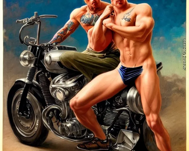 Prompt: handsome tattooed blonde gym bro next to a motorcycle, cool colors, hard angles, painting by gaston bussiere, craig mullins, j. c. leyendecker, tom of finland