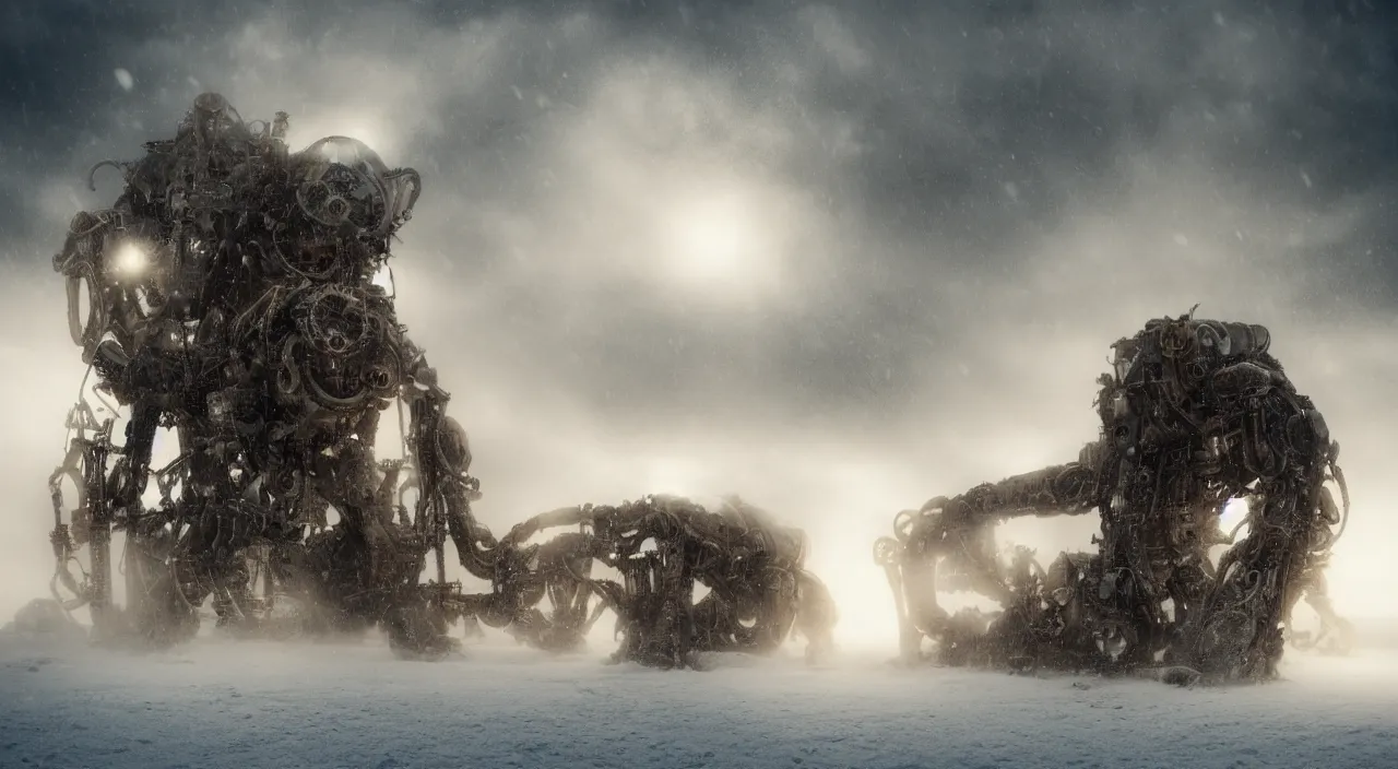 Image similar to “photo of a complex futurist steampunk mechanical mammoth in an arctic storm, fog, snow storm, cold sunset, wind , ice, photoreal”