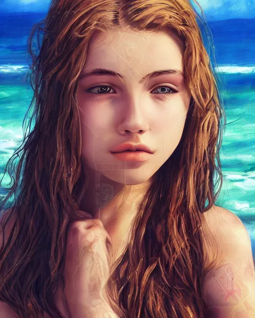 Image similar to a very very beautiful wonderful teen, portrait, ultra realistic, concept art, intricate details, highly detailed, beach aesthetic