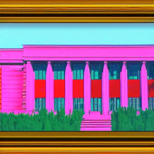 Prompt: a beautiful painting of a building in a serene landscape, anaglyph filter