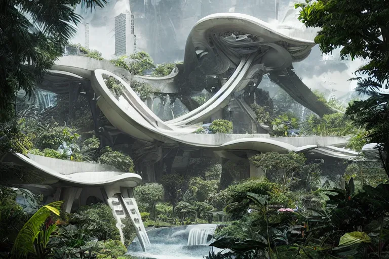 Image similar to brutalist futuristic white Aztec structures, manicured garden of eden, pools and streams, tropical foliage, birds, sculpture gardens by Jessica Rossier and Brian Froud