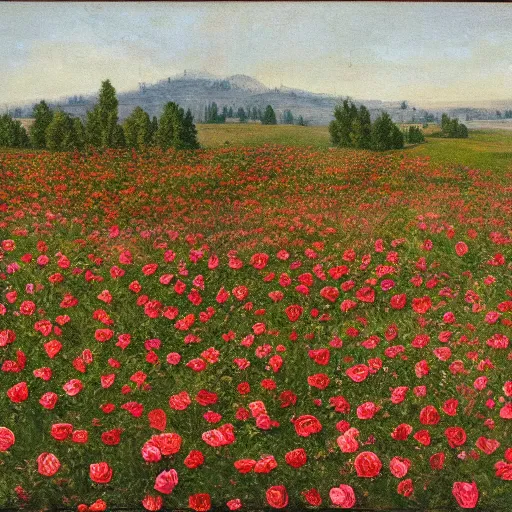 Prompt: photograph of a landscape with a field of roses