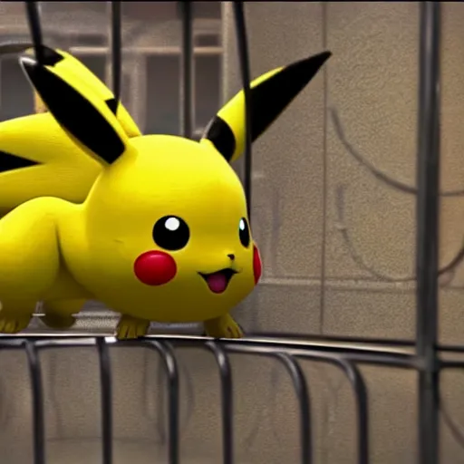 Image similar to stunning awe inspiring pikachu inside a cage with a sad look on its face, movie still 8 k hdr atmospheric lighting