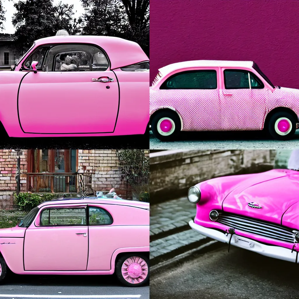 Prompt: pink car with black and white polka dots