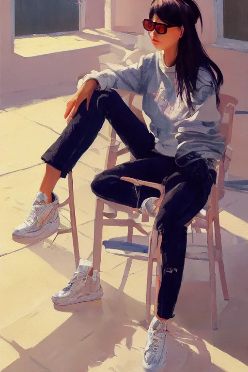 Image similar to A ultradetailed beautiful panting of a stylish woman looking at the camera, she is wearing streetwear, she is sitting on a chair, bright sunny day, Oil painting, by Ilya Kuvshinov, Greg Rutkowski and Makoto Shinkai