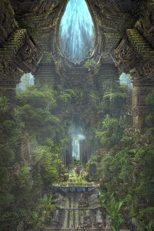 Prompt: ancient fractal temple megastructure in the hanging gardens of a radiant cathedral, overgrown garden,, scanned earth terrain bridges, erosion algorithm landscape, by albert bierdstat, by glenn small, high fantasy, high resolution, photorealism, populated by luminous beings, god rays in volumes of fog, looking up perspective
