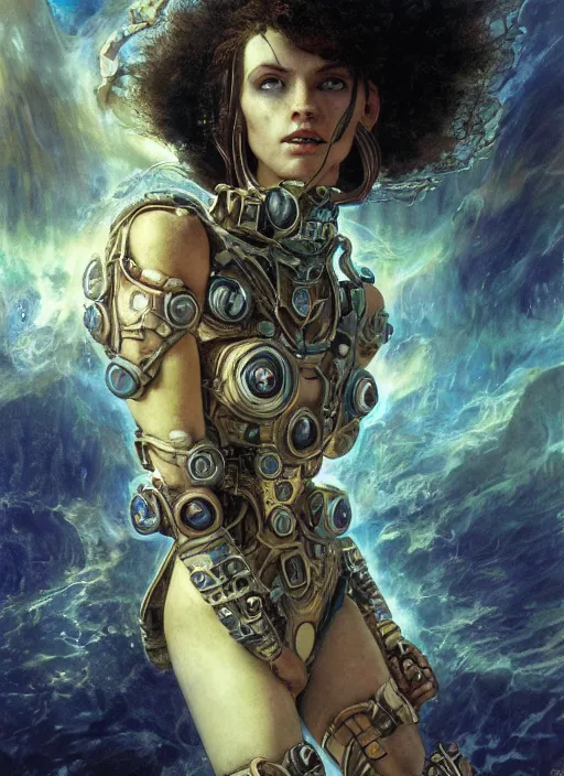 Image similar to biblical daemonic bautiful cyborg girl with glowing veins, shoulder pads, on planet jupiter, underwater photography, by gerald brom, by mikhail vrubel, by peter elson, muted colors, extreme detail, trending on artstation, 8 k