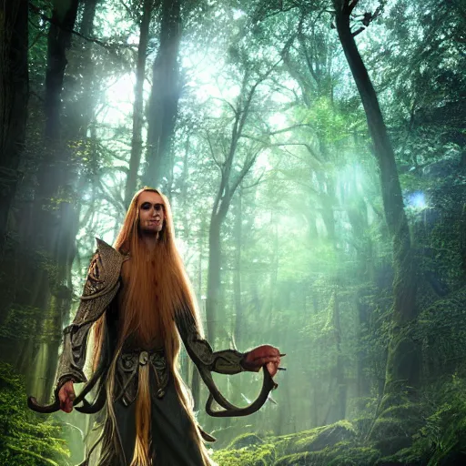 Image similar to A tall slim male wood elf fungus druid posing in a mystical forest, long blonde hair, fungi, glowing, wooden armor, magical, fantasy, medieval, highly detailed, dynamic lighting, cinematic, dramatic, sharp focus, focus on face, masterpiece, trending on artstation, concept art, digital painting