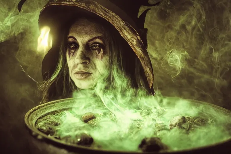 Prompt: close shot of a witch in her lair brewing a magical potion, depressing, gloomy, tired, detailed, witch hat, dungeon, green smoke, fire, smoke, realism, realistic, hyper detailed, green lighting, ambient lighting, green smoke, fog, smoke, cinematic lighting, haze, bokeh, 3D render, Blender, octane render, render, artstation, detailed face, symmetric face,