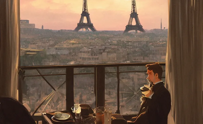 Image similar to elegant man drinking coffee at balcony in france, city with eiffel tower seen behind, moody sunset, late night, detailed characters, by greg rutkowski, alphonse mucha, beeple, sharp focus, digital art, smooth, light refraction, pixiv art, volumetric lighting, makoto shinkai