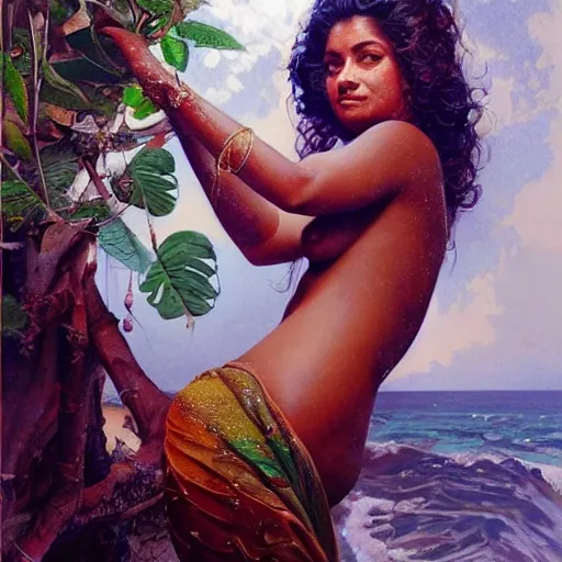 Prompt: detailed potrait of pretty srilankan woman coming out of water,,, painting by james jean, craig mullins, j. c. leyendecker, lights, art by ernst haeckel,