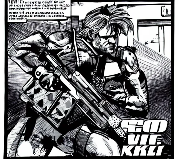 Image similar to solid snake breaking into a warehouse while riding a motorcycle and firing a gun, in the style of jack kirby