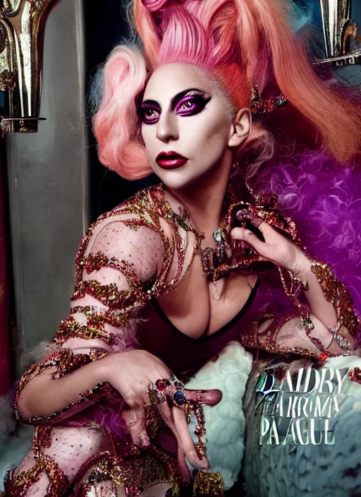 Image similar to lady gaga styled by david lachapelle posing in an expensive mansion setting , vogue magazine, Highly realistic. High resolution. Highly detailed. Dramatic. 8k.4k.