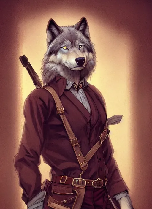 Prompt: beautiful portrait commission of a male furry anthro timber wolf wearing old-timey Sherriff's clothes with suspenders in an old-timey desert town. Atmospheric. Character design by charlie bowater, ross tran, artgerm, and makoto shinkai, detailed, inked, western comic book art