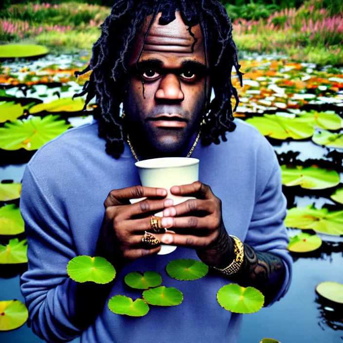 Image similar to Kodak Portra 400, 8K, soft light, volumetric lighting, highly detailed, britt marling style 3/4 ,portrait photo of chief keef holding a cup of lean and a blunt, the face emerges from the water of a pond with water lilies, inspired by Ophelia paint , a beautiful scenery with highly detailed realistic weed smoke , Realistic, Refined, Highly Detailed, natural outdoor soft pastel lighting colors scheme, outdoor fine art photography, Hyper realistic, photo realistic