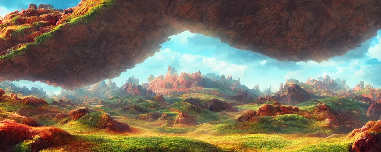 Image similar to ” otherwordly landscape of furry hills, [ colourful, cinematic, detailed, epic, widescreen, opening, establishing, mattepainting, photorealistic, realistic textures, octane render ] ”