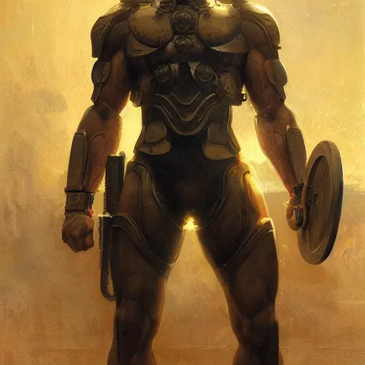 Image similar to handsome portrait of a spartan guy bodybuilder posing, radiant light, caustics, war hero, ghost in the shell, by gaston bussiere, bayard wu, greg rutkowski, giger, maxim verehin