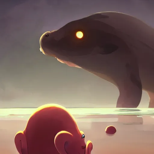 Image similar to baby harp seals being eaten by a giant octopus hippopotamus hybrid monster on an alien world, atey ghailan, goro fujita, studio ghibli, scary lighting, clear focus, very coherent