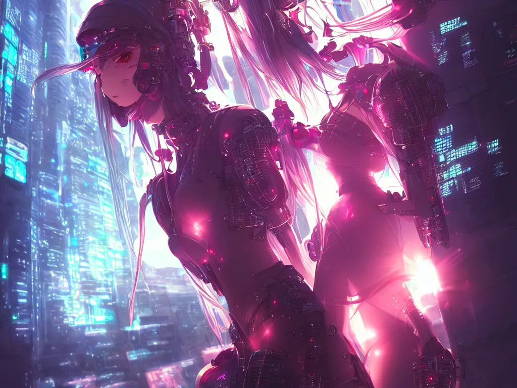 Prompt: anime visual of portrait futuristic cyber warrior girl, in future cyberpunk tokyo rooftop, ssci - fi, fantasy, intricate, very very beautiful, elegant, neon light, highly detailed, digital painting, artstation, concept art, smooth, sharp focus, illustration, art by artgerm and wlop and tian zi and alphonse mucha