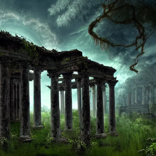 Prompt: a ruined temple, with fallen columns and overgrown with vines. painting, digital art, harsh lighting, 4 k hd wallpaper, trending on art station