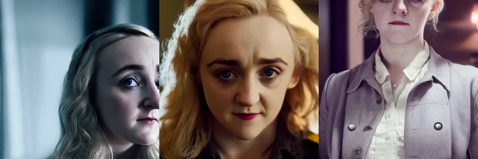 Prompt: close-up of Evanna Lynch as a detective in a movie directed by Christopher Nolan, movie still frame, promotional image, imax 70 mm footage