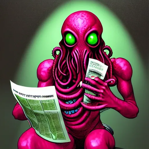 Prompt: humanoid cthulhu vis sitting on a toilet, he is reading a newspaper. the location is a pink and girlish bathroom. The mood is friendly and welcoming. dungeons and dragons style, highly detailed, digital painting, artstation, concept art, sharp focus, illustration, art by Josh kirby and John romita jr and moebius