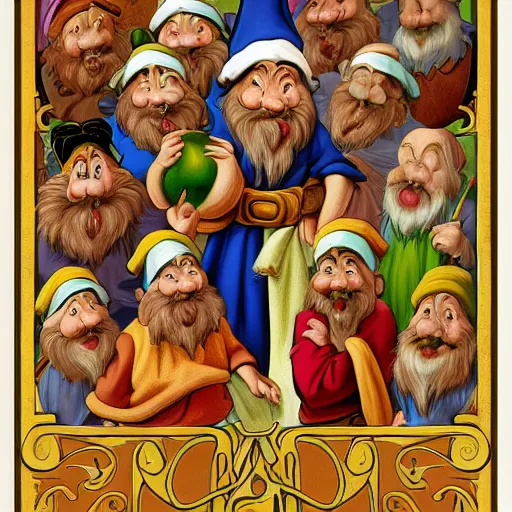 Image similar to seven dwarves in catholic religious garb with halos, background of poison apples, digital painting, glow art nouveau