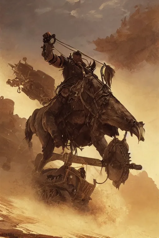 Prompt: Mad Max reimagined in the baroque era, catapult, horses, orchestral band on a wagon, hearthstone art style, epic fantasy style art by Craig Mullins, fantasy epic digital art, epic fantasy card game art by Greg Rutkowski