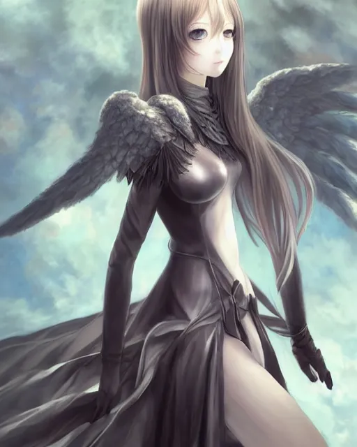 Image similar to range murata, an infinitely detailed portrait of a frail and pale female peace angel elegantly. fully - clothed full - body, beautiful! scenery art!! coherent! by wlop & murata range, victorian armor trim, cold color palette, artstation / pixiv!! elegantly armored angel portrait full - body, dreamy art