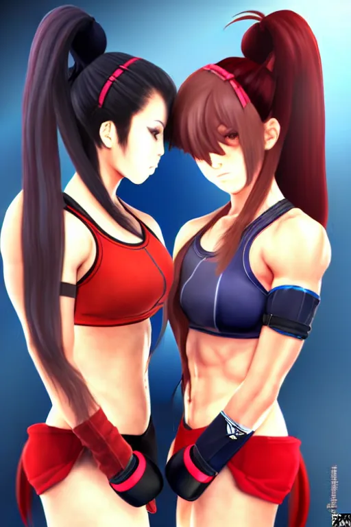 Prompt: two beautiful female fighters with ponytails facing each other in the gym, gorgeous features, high definition, sharp focus, detailed anime art, pixiv