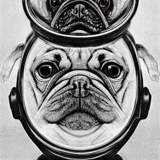 Image similar to pencil art, golden - ratio, spirals, highly detailed, astronaut pug in outer space by davinci.