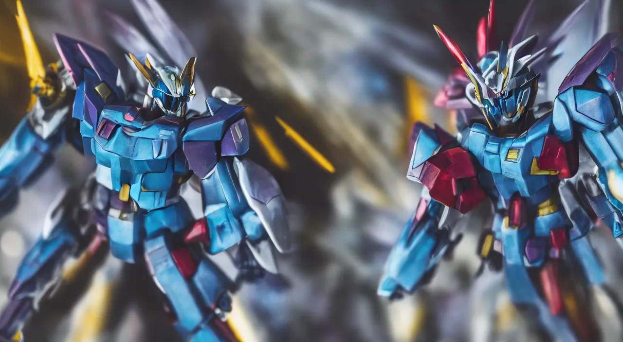 Prompt: medium close up view, Gundam,Guyver,colourful space, bokeh, blur, cinematic lighting